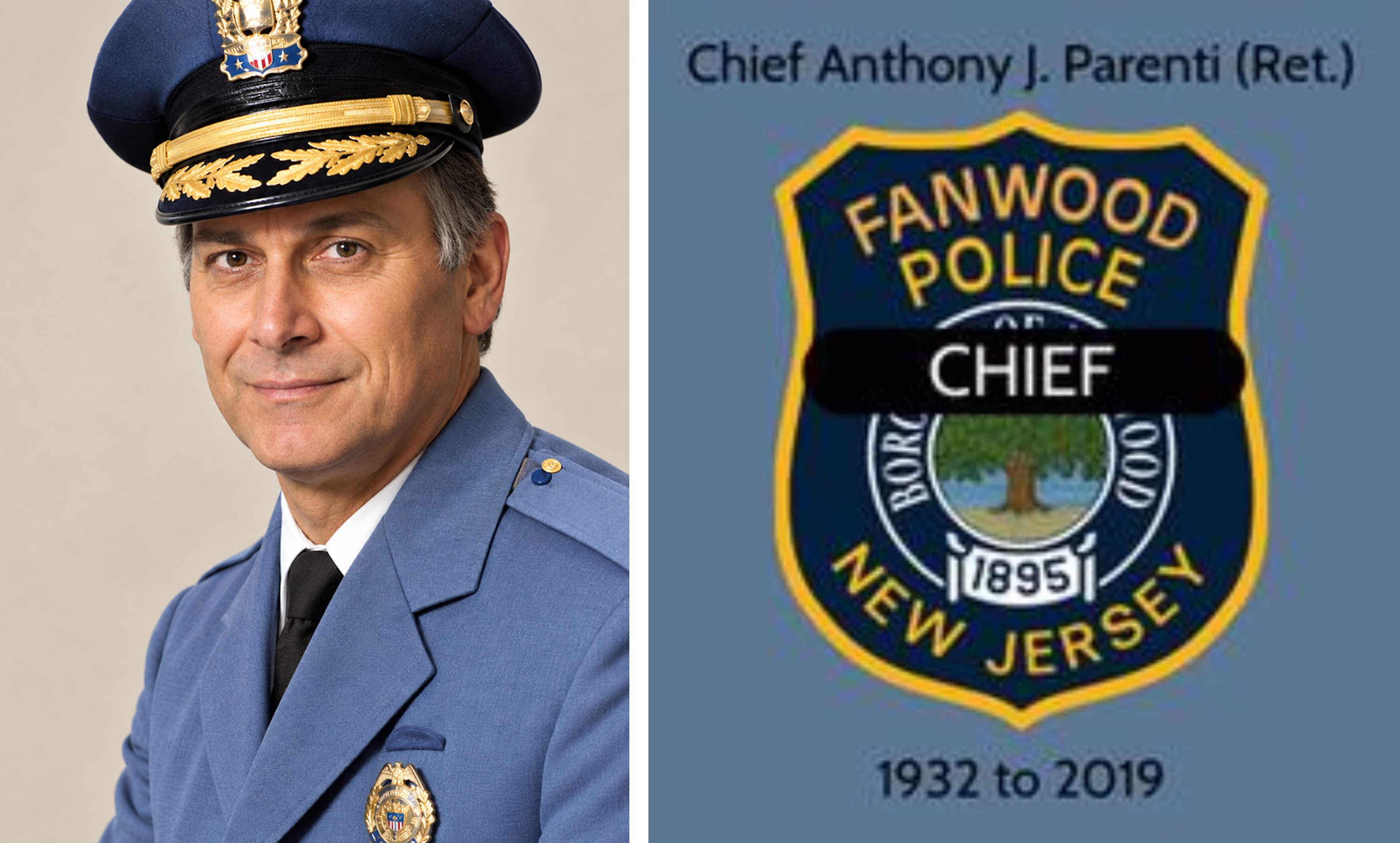 Tony in a uniform with a hat on his head, Fanwood Police Department emblem